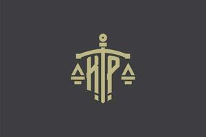 Brief kp Logo zum Gesetz Büro und Rechtsanwalt mit kreativ Rahmen und Schwert Symbol Design vektor