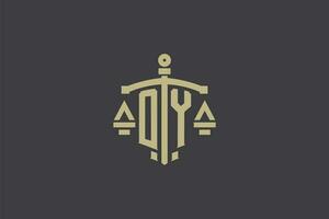Brief oy Logo zum Gesetz Büro und Rechtsanwalt mit kreativ Rahmen und Schwert Symbol Design vektor