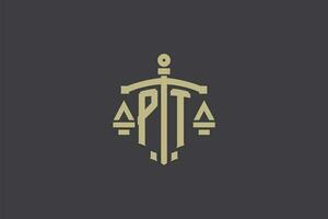 brev pt logotyp för lag kontor och advokat med kreativ skala och svärd ikon design vektor