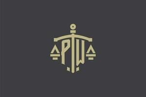 Brief pw Logo zum Gesetz Büro und Rechtsanwalt mit kreativ Rahmen und Schwert Symbol Design vektor