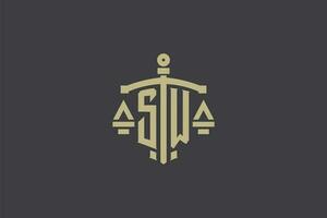 Brief sw Logo zum Gesetz Büro und Rechtsanwalt mit kreativ Rahmen und Schwert Symbol Design vektor