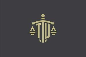 Brief tu Logo zum Gesetz Büro und Rechtsanwalt mit kreativ Rahmen und Schwert Symbol Design vektor