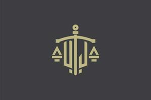 Brief uj Logo zum Gesetz Büro und Rechtsanwalt mit kreativ Rahmen und Schwert Symbol Design vektor