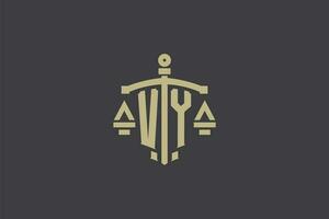 Brief vy Logo zum Gesetz Büro und Rechtsanwalt mit kreativ Rahmen und Schwert Symbol Design vektor