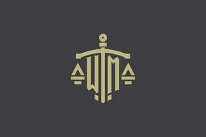 Brief wm Logo zum Gesetz Büro und Rechtsanwalt mit kreativ Rahmen und Schwert Symbol Design vektor