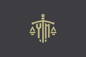 Brief ym Logo zum Gesetz Büro und Rechtsanwalt mit kreativ Rahmen und Schwert Symbol Design vektor