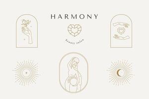 abstrakt logotyp mall med bilder av kvinna, solnedgång, hav, måne, blomma. modern minimal uppsättning av linjär ikoner och emblem för social media, boende uthyrning och resa tjänster. vektor