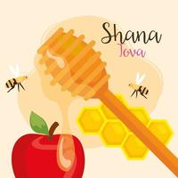 rosh hashanah-firande, judiskt nytt år, med honung, bin som flyger och äpple vektor