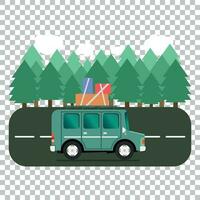 Reise Auto Campingplatz Platz Landschaft. Wald, Bäume, Tanne Baum und Straße. Vektor Illustration im eben Stil.