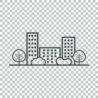 vektor stad illustration i platt stil. byggnad, träd och buske på isolerat bakgrund