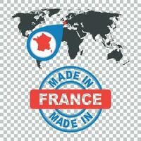 tillverkad i Frankrike stämpel. värld Karta med röd Land. vektor emblem i platt stil på isolerat bakgrund.