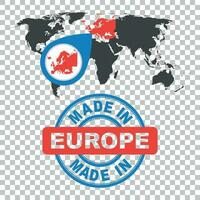 tillverkad i Europa stämpel. värld Karta med röd Land. vektor emblem i platt stil på isolerat bakgrund.