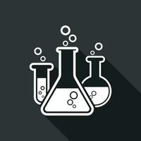 kemisk testa rör piktogram ikon. laboratorium glas eller bägare Utrustning isolerat på svart bakgrund med lång skugga. experimentera kolvar. trendig modern vektor symbol. enkel platt illustration