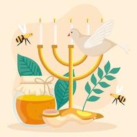 Rosch-Haschana-Feier, jüdisches Neujahr, mit Kronleuchter, Taube, Bienen und Pfeife vektor