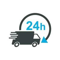 Lieferung LKW 24h Vektor Illustration. 24 Std schnell Lieferung Bedienung Versand Symbol. einfach eben Piktogramm zum Geschäft, Marketing oder Handy, Mobiltelefon App Internet Konzept auf Weiß Hintergrund.