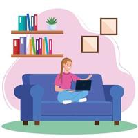 hemarbete, frilansare ung kvinna med bärbar dator i soffan, arbetar hemifrån i avslappnad takt, bekväm arbetsplats vektor