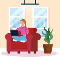 Heimarbeit, freiberufliche junge Frau mit Laptop auf dem Sofa, entspanntes Arbeiten von zu Hause aus, bequemer Arbeitsplatz vektor