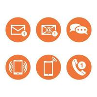 Kontakt Tasten einstellen Symbole. Email, Umschlag, Telefon, Handy, Mobiltelefon. Vektor Illustration im eben Stil auf runden Orange Hintergrund.