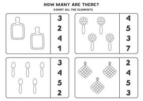 Zählspiel mit schwarzen und weißen Küchenutensilien Mathe-Arbeitsblatt vektor