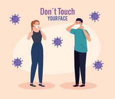 Berühren Sie nicht Ihr Gesicht, Paar mit Gesichtsmaske, vermeiden Sie es, Ihr Gesicht zu berühren, Prävention von Coronavirus covid19 vektor