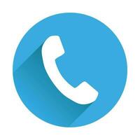 Telefon Symbol im eben Stil. Vektor Illustration auf runden Blau Hintergrund mit Schatten.