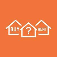 Kaufen oder Miete Haus. Weiß Zuhause Symbol mit das Frage. Vektor Illustration im eben Stil auf bunt Orange Hintergrund.