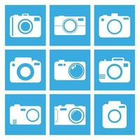 kamera ikon uppsättning på blå bakgrund. vektor illustration i platt stil med fotografi ikoner.