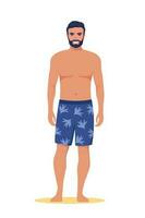 Mann gekleidet im Badeanzug Stehen auf das Strand. Sommer- Urlaube. schön Mann im kurze Hose. Vektor Illustration.