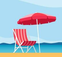 Strand Regenschirm und Sonne Liege. Sonnenbank mit Sonnenschirm beim Sand Strand. Sommer- tropisch Resort mit Privat Chaiselongues beim Küste. leeren Sonne Bett beim Strand. Vektor Illustration.