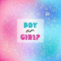 kön avslöja fest pojke eller flicka rosa och blå fyrkant bakgrund baner för bebis dusch. stock vektor illustration i klotter stil vit element på maska suddigt