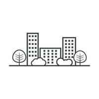 Vektor Stadt Illustration im eben Stil. Gebäude, Baum und Strauch auf Weiß Hintergrund