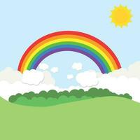 Landschaft mit Regenbogen und Sonne. Vektor Illustration