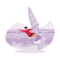 jung männlich Surfer im Aktion auf das Surfen, erobern das Wellen im das Ozean mit stark Winde. Trend modern Vektor eben Illustration.