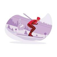 jung Ski Sportler Zug Ernsthaft im das Alpen Schnee zum ein Ski Wettbewerb. Trend modern Vektor eben Illustration.