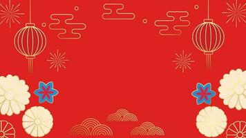 Lycklig kinesisk ny år lyx stil bakgrund vektor. gyllene geometrisk former, fyrverkeri, lykta, moln, blomma på röd tapet. minimal orientalisk design för bakgrund, kort, affisch, reklam. vektor