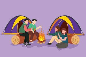 tecknad serie platt stil teckning två romantisk par camping runt om lägereld tält. grupp av man kvinna värma deras händer nära bål Sammanträde på jord. vild natur resa. grafisk design vektor illustration