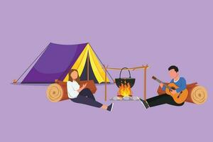 Karikatur eben Stil Paar Tourist Camping. Wohnmobil Sitzung durch Lagerfeuer Nächster Lager Zelt, Kerl spielen Musik- Gitarre, Menschen genießen Natur Picknick. draussen Sommer- Tourismus. Grafik Design Vektor Illustration