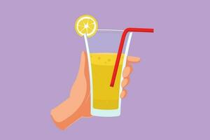 tecknad serie platt stil teckning citronsaft eras med is kuber, hand innehav uppfriskande dryck glas. dryck tillverkad av färsk citron- juice. saftig vatten med sugrör logotyp ikon. grafisk design vektor illustration