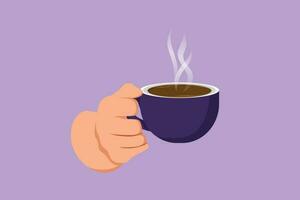 Charakter eben Zeichnung Mitarbeiter Hand halten heiß Kaffee Tasse mit Dampf, Geschäft Person wollen zu trinken Kaffee. Hand Arbeiter wollen zu trinken Kaffee Vor Arbeit beim Büro. Karikatur Design Vektor Illustration