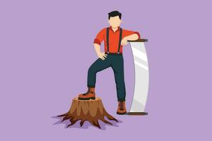 Karikatur eben Stil Zeichnung lächelnd Holzfäller tragen Straps Shirt, Stehen mit Stahl zwei Mann gesehen, posieren mit einer Fuß auf Baum Stumpf. aktiv männlich mit groß gesehen. Grafik Design Vektor Illustration