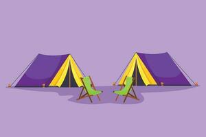 Karikatur eben Stil Zeichnung Camping Landschaft im Campingplatz Boden. Paar von Zelte mit zwei Stuhl im Wald auf Gras. Sommer- Camping auf Natur. Öko Tourismus Logo, Symbol. Grafik Design Vektor Illustration