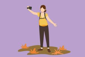 Charakter eben Zeichnung jung schön Frau Herstellung Selfie mit Smartphone. Reise ziemlich Mädchen mit Rucksack nehmen Selfie. Tourismus Natur Rucksackreisen oder Trekking. Karikatur Design Vektor Illustration