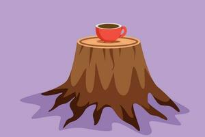 Charakter eben Zeichnung stilisiert rot Lagerfeuer Emaille Kaffee Becher Attrappe, Lehrmodell, Simulation auf Log Tabelle im Campingplatz oder Camping Boden. leeren Becher spotten oben zum Design Förderung, Logo, Symbol. Karikatur Design Vektor Illustration