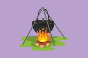 Grafik eben Design Zeichnung schwarz Camping Topf Über ein Lagerfeuer. heiß Essen Kochen auf Lagerfeuer, braun Kessel Kessel Über Feuer mit Holz. köstlich Fisch Suppe zum Abendessen. Karikatur Stil Vektor Illustration