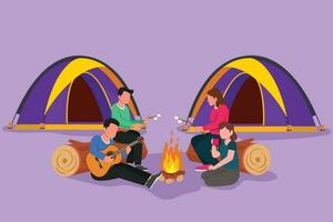 Karikatur eben Stil Zeichnung freunde sitzen auf Log durch Lagerfeuer. jung Tourist, Camper im Wald. Schüler spielen Gitarre, braten Marshmallows. Nacht Camping Unterhaltung. Grafik Design Vektor Illustration