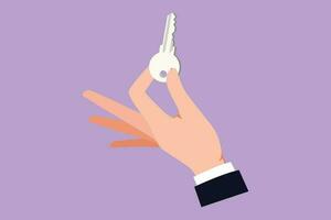 Charakter eben Zeichnung von stilisiert Hand halten modern Schlüssel zu Freischalten Tür Logo, Symbol. Hand hält Taste. finden das Schlüssel zu lösen Probleme, Gelegenheit, Geschäft Lösung. Karikatur Design Vektor Illustration