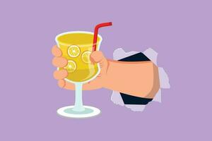 Karikatur eben Stil Zeichnung Hand halten Glas mit Limonade Obst Saft durch zerrissen Blau Papier. trinken gemacht von frisch Zitrone Saft. saftig Orange Wasser. entspannend Zeit. Grafik Design Vektor Illustration