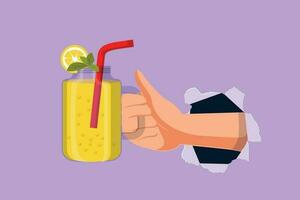 Karikatur eben Stil Zeichnung von Hand halten Limonade Becher mit Eis und frisch Minze durch zerrissen Blau Papier oder Loch. gesund Obst trinken. gesund Zitrone trinken mit Minze. Grafik Design Vektor Illustration