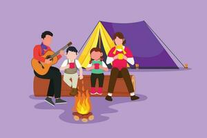grafisk platt design teckning äventyr vandrare familj camping med bål. dricka varm te eller kaffe, Sammanträde på loggar. far spelar gitarr och sjunga låt med barn. tecknad serie stil vektor illustration