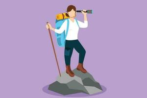 tecknad serie platt stil teckning glad resande kvinna med en stor ryggsäck står på de berg och utseende på de binokulär. Söt vandrare flicka stående på topp av kulle. grafisk design vektor illustration